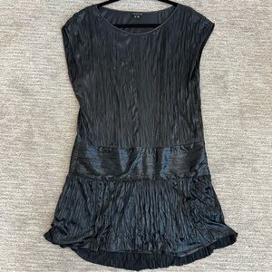 Theory Women’s Black Satin Crinkle Mini Dress Large Dolman Sleeve Pleated Tunic